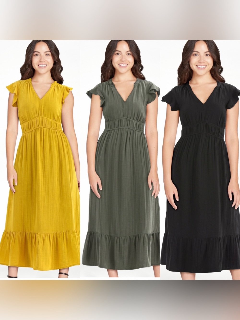 Olive Green, Black and Yellow V-Neck Midi Dress
